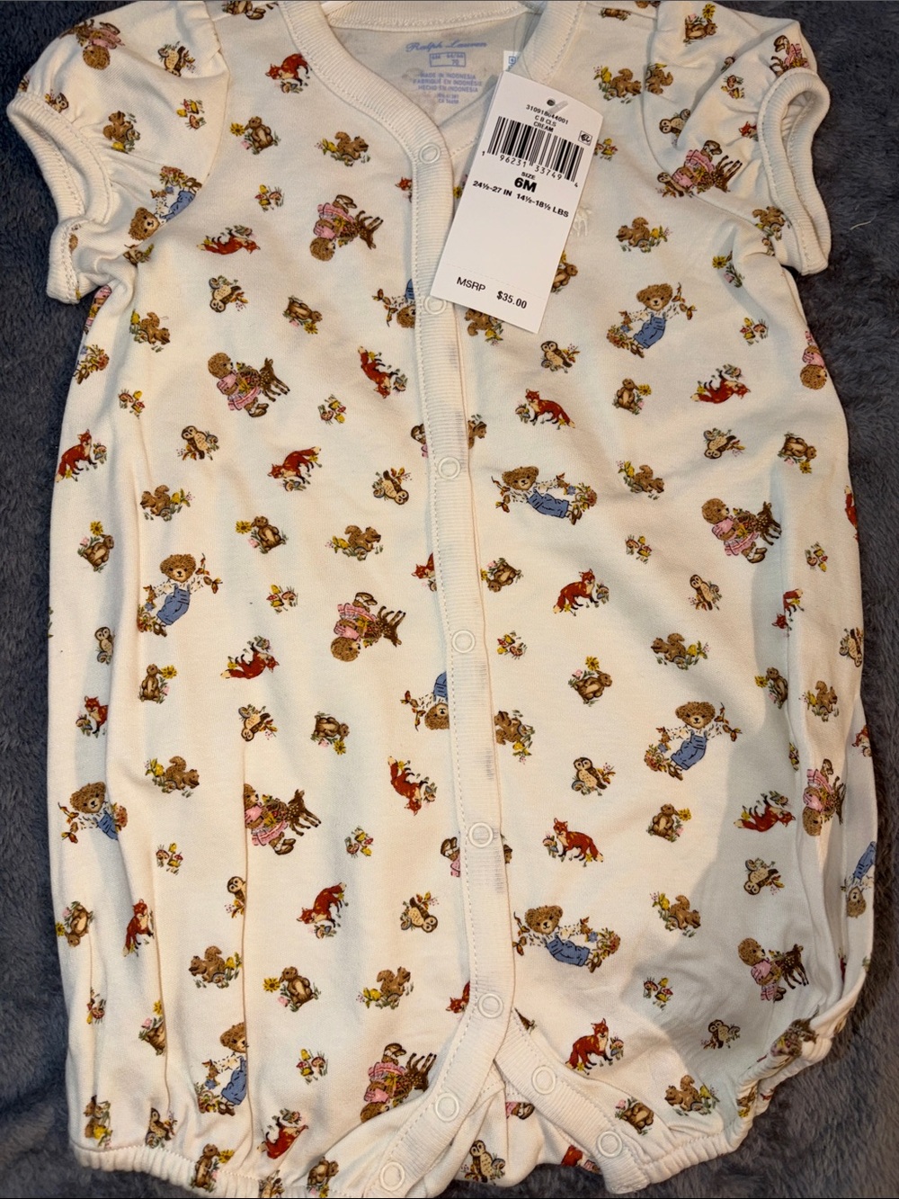 Ralph Lauren Cream One-Piece Bodysuit with Teddy & Animal Print
